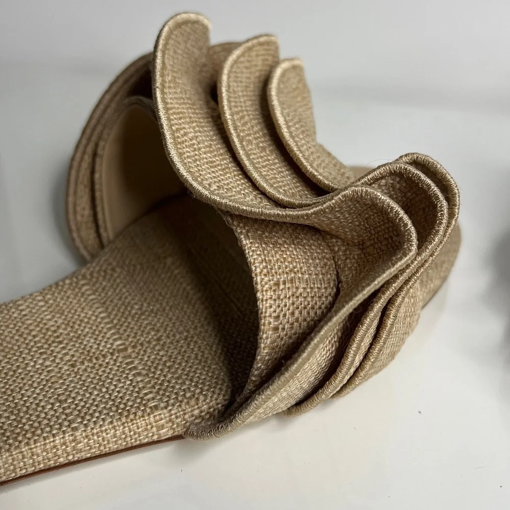 Larroudé Sz 11 Ivy Beige Raffia Ruffle Flat Slip On Sandals - New Unworn